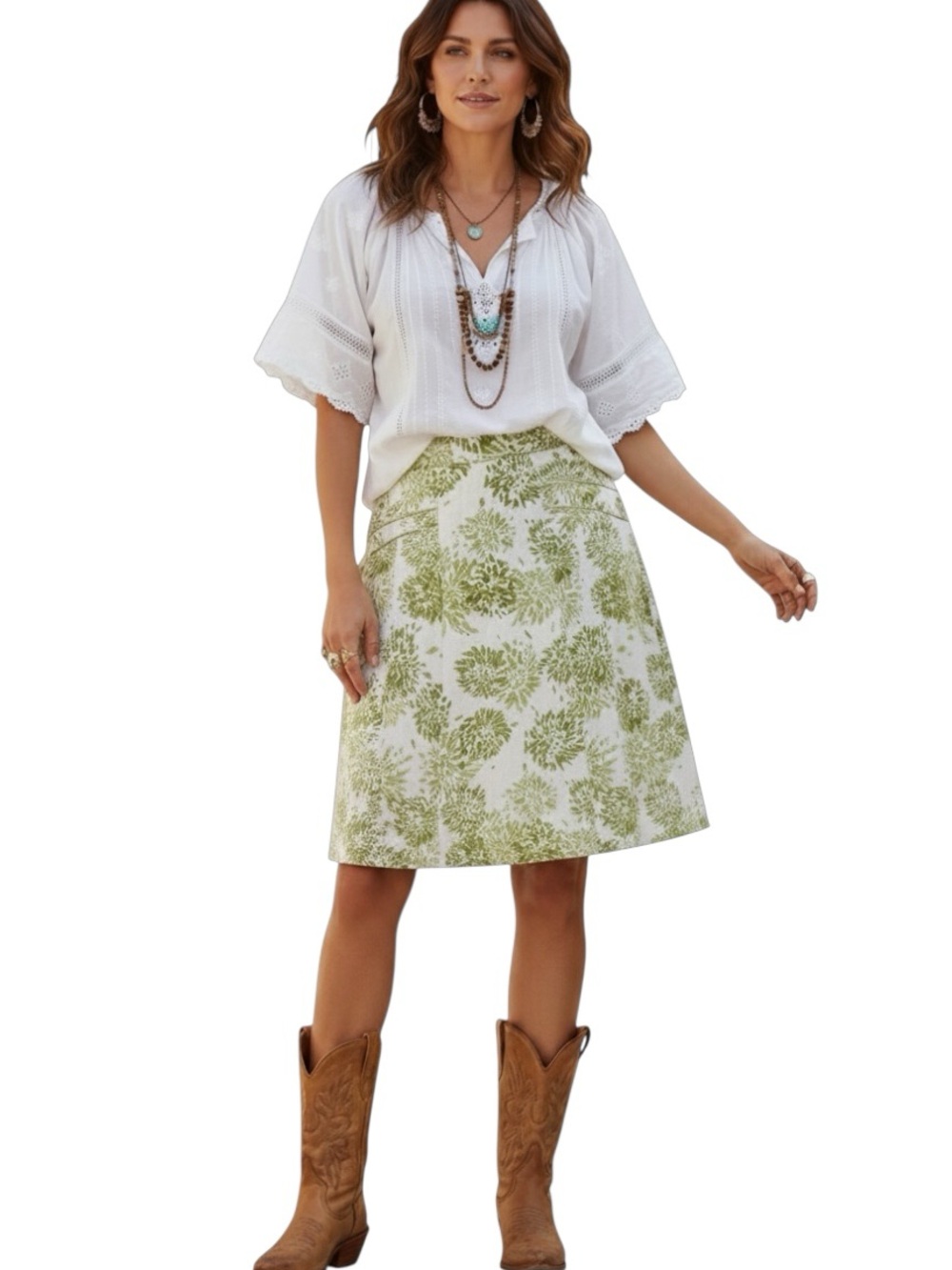 Pleated A-Line Knee Length Skirt Vibrant Green Floral Print on White Zip Close L - Picture 1 of 13